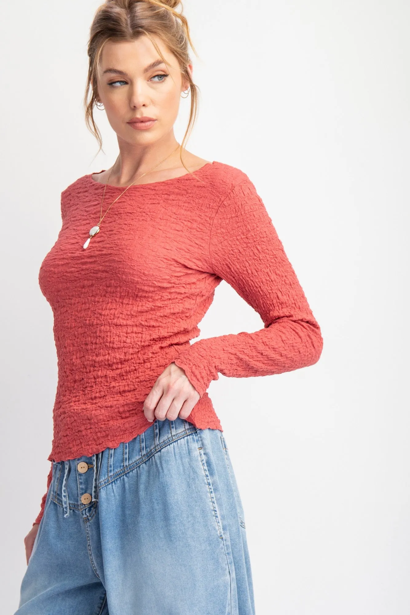 Easel - Deep Rose Long Slv Popcorn Knit Fitted Top