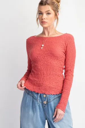Easel - Deep Rose Long Slv Popcorn Knit Fitted Top