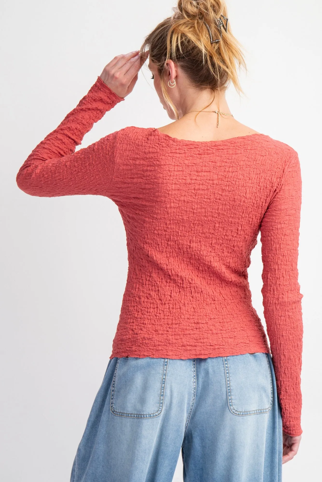 Easel - Deep Rose Long Slv Popcorn Knit Fitted Top