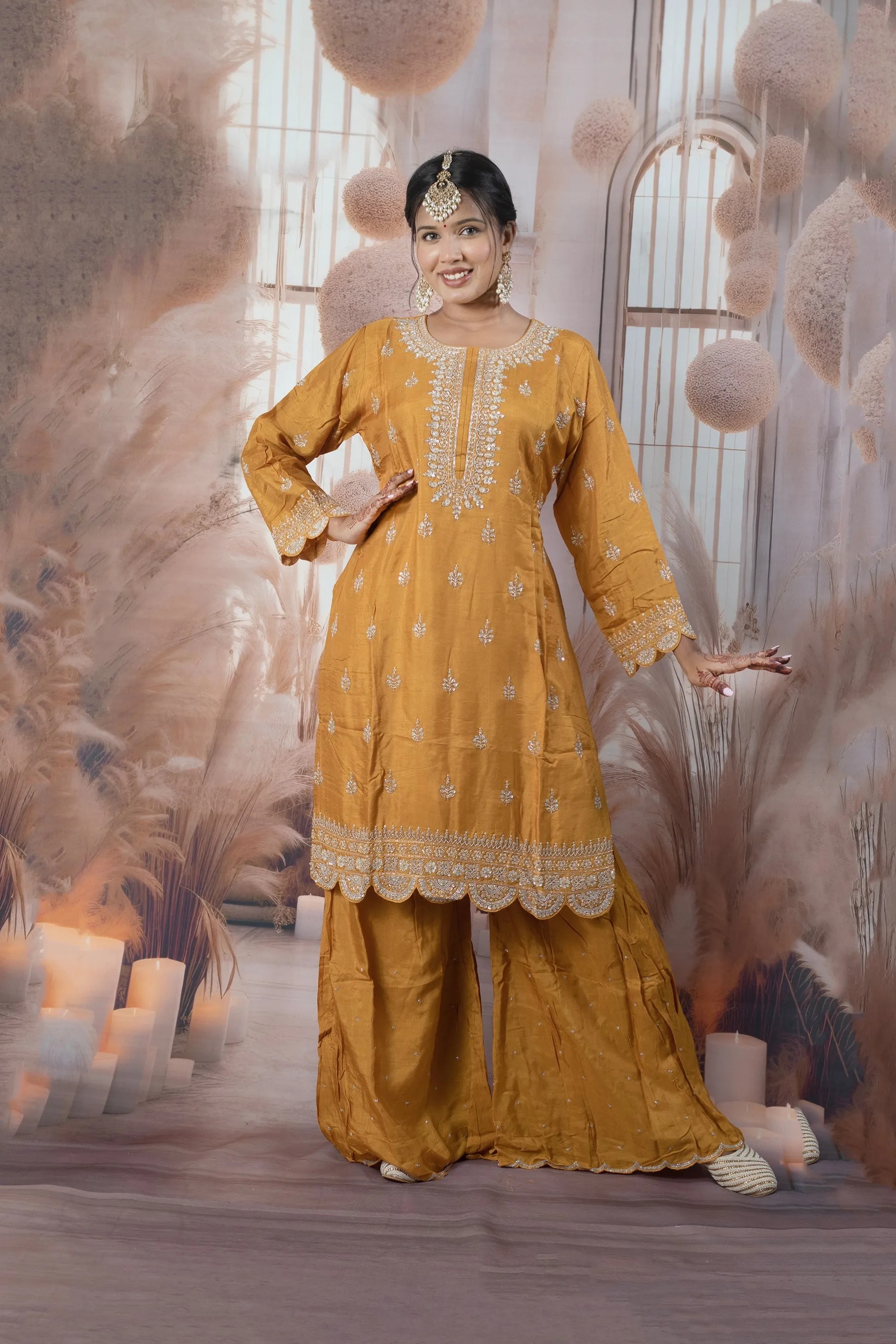 Elegant Mustered Yellow Ladies Suits