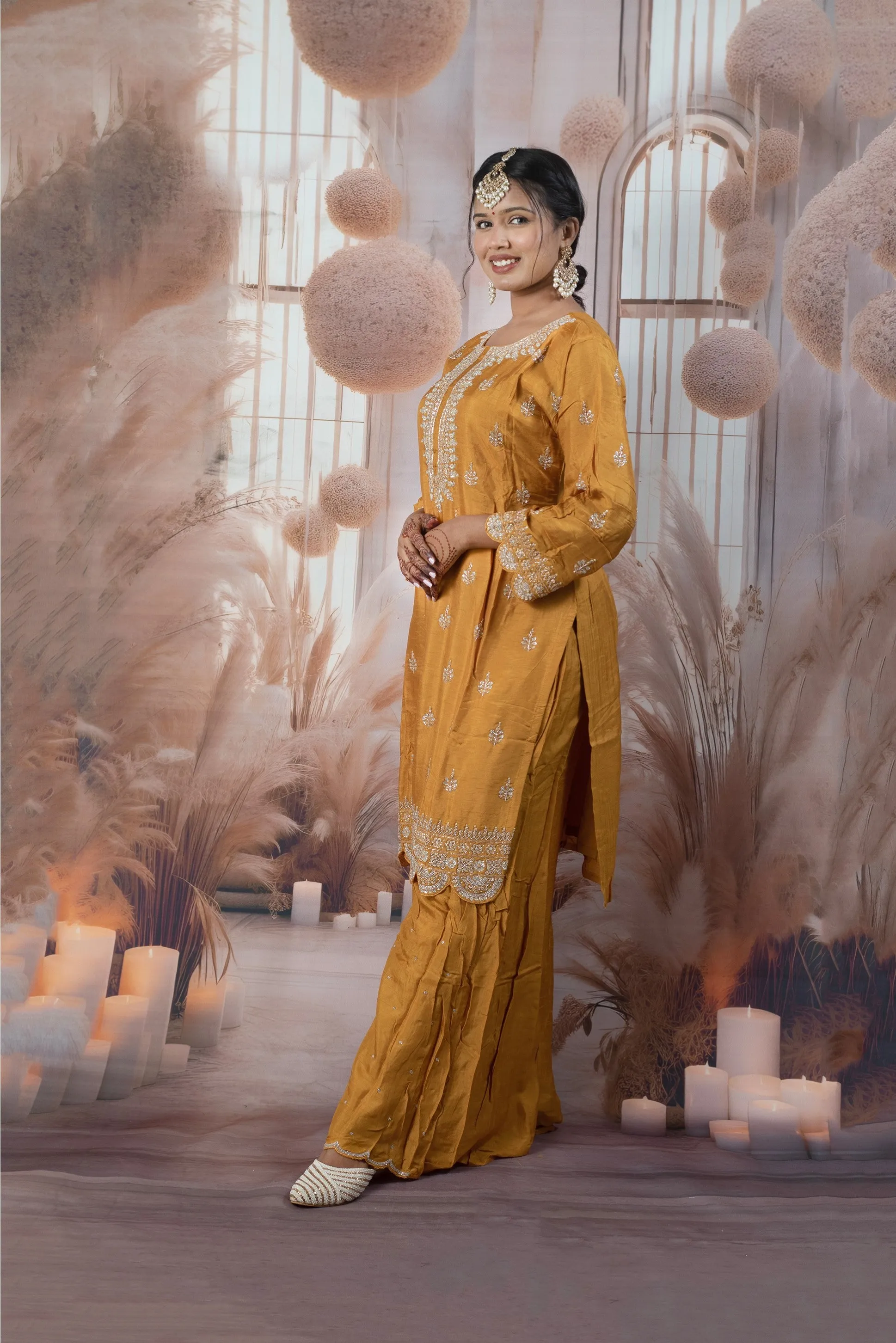 Elegant Mustered Yellow Ladies Suits