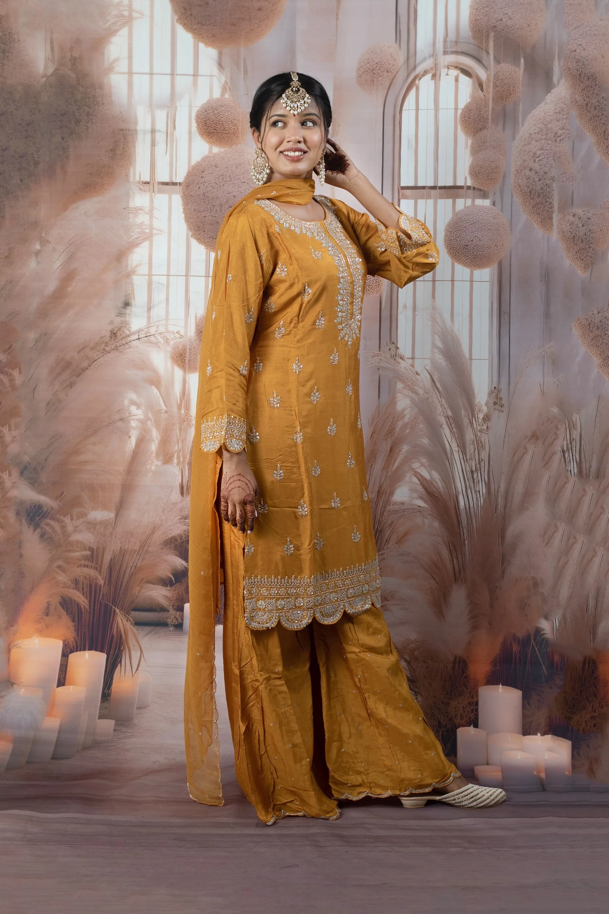Elegant Mustered Yellow Ladies Suits