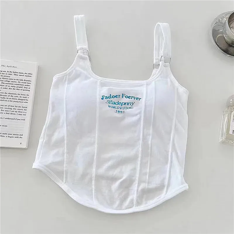 Embroidery Letter Knitted Short Tank Tops With Bra Pad Crop Top Woman Y2K Streetwear Fashion Women T-shirt Sleeveless Camisole