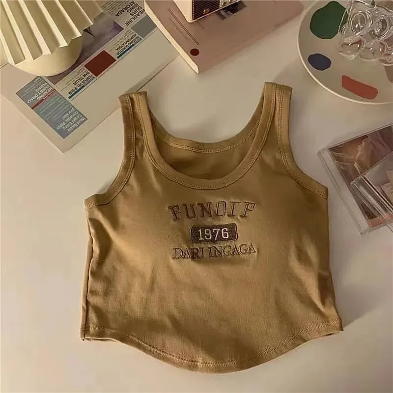 Embroidery Letter Knitted Short Tank Tops With Bra Pad Crop Top Woman Y2K Streetwear Fashion Women T-shirt Sleeveless Camisole