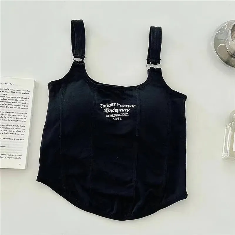 Embroidery Letter Knitted Short Tank Tops With Bra Pad Crop Top Woman Y2K Streetwear Fashion Women T-shirt Sleeveless Camisole