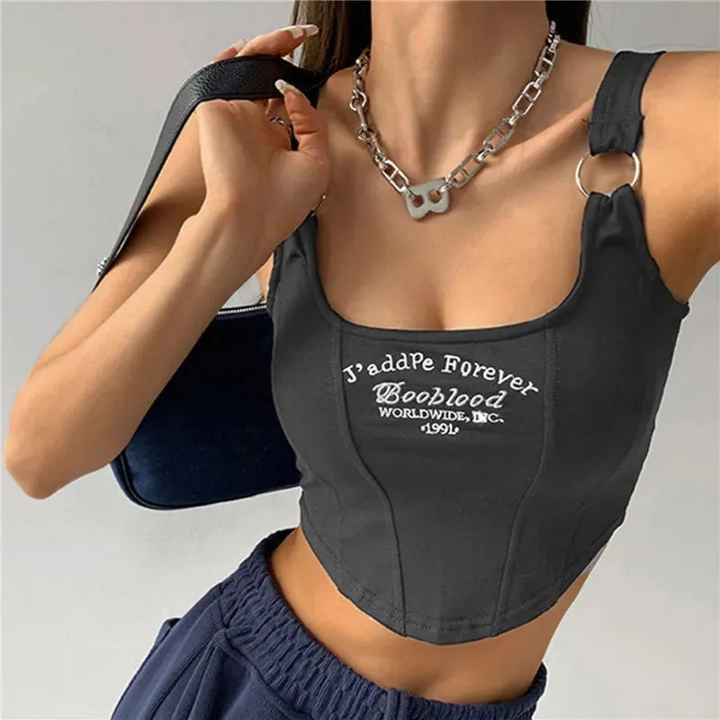 Embroidery Letter Knitted Short Tank Tops With Bra Pad Crop Top Woman Y2K Streetwear Fashion Women T-shirt Sleeveless Camisole