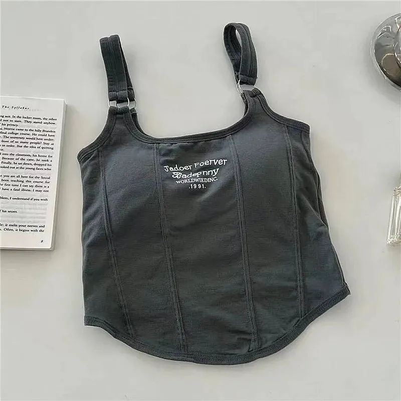 Embroidery Letter Knitted Short Tank Tops With Bra Pad Crop Top Woman Y2K Streetwear Fashion Women T-shirt Sleeveless Camisole