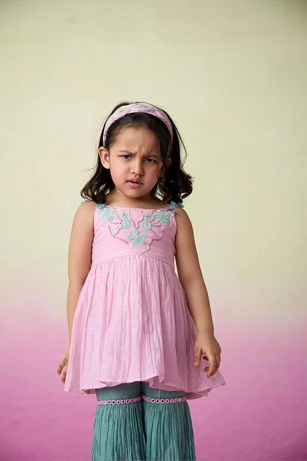 Enchanted Meadow- Orchid Pink Hand Embroidered Kurta with Mint Sharara for Girls