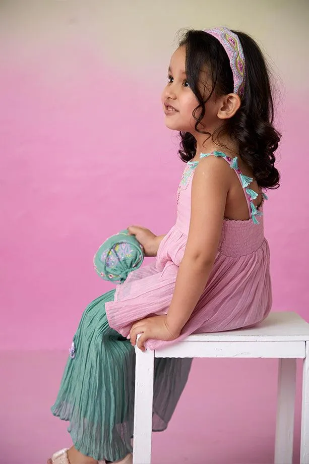 Enchanted Meadow- Orchid Pink Hand Embroidered Kurta with Mint Sharara for Girls