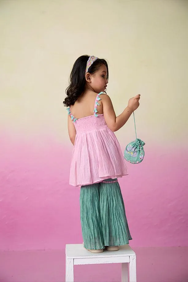 Enchanted Meadow- Orchid Pink Hand Embroidered Kurta with Mint Sharara for Girls