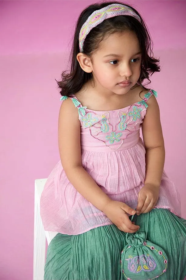 Enchanted Meadow- Orchid Pink Hand Embroidered Kurta with Mint Sharara for Girls
