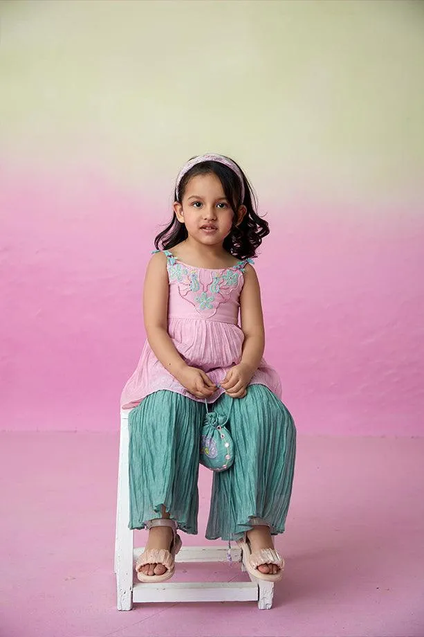 Enchanted Meadow- Orchid Pink Hand Embroidered Kurta with Mint Sharara for Girls