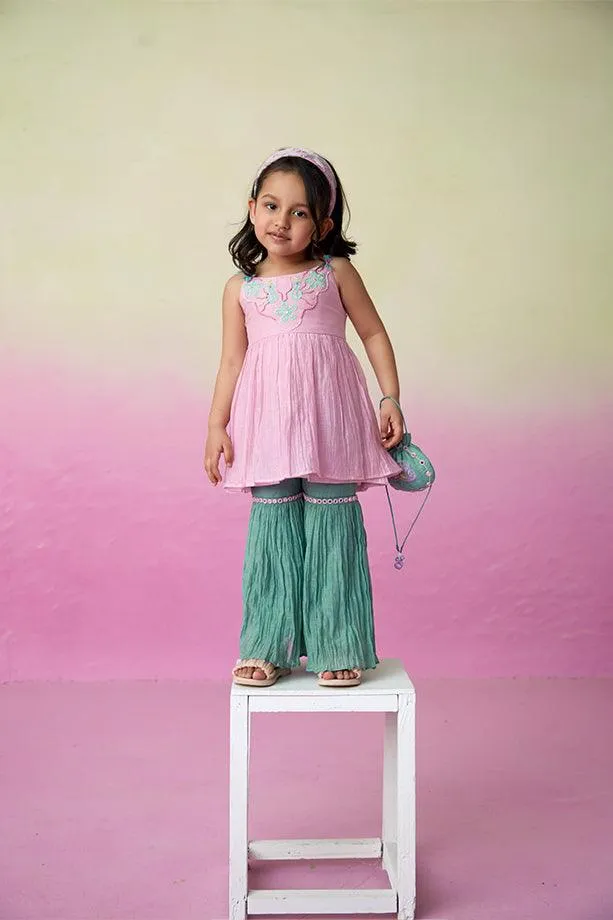 Enchanted Meadow- Orchid Pink Hand Embroidered Kurta with Mint Sharara for Girls