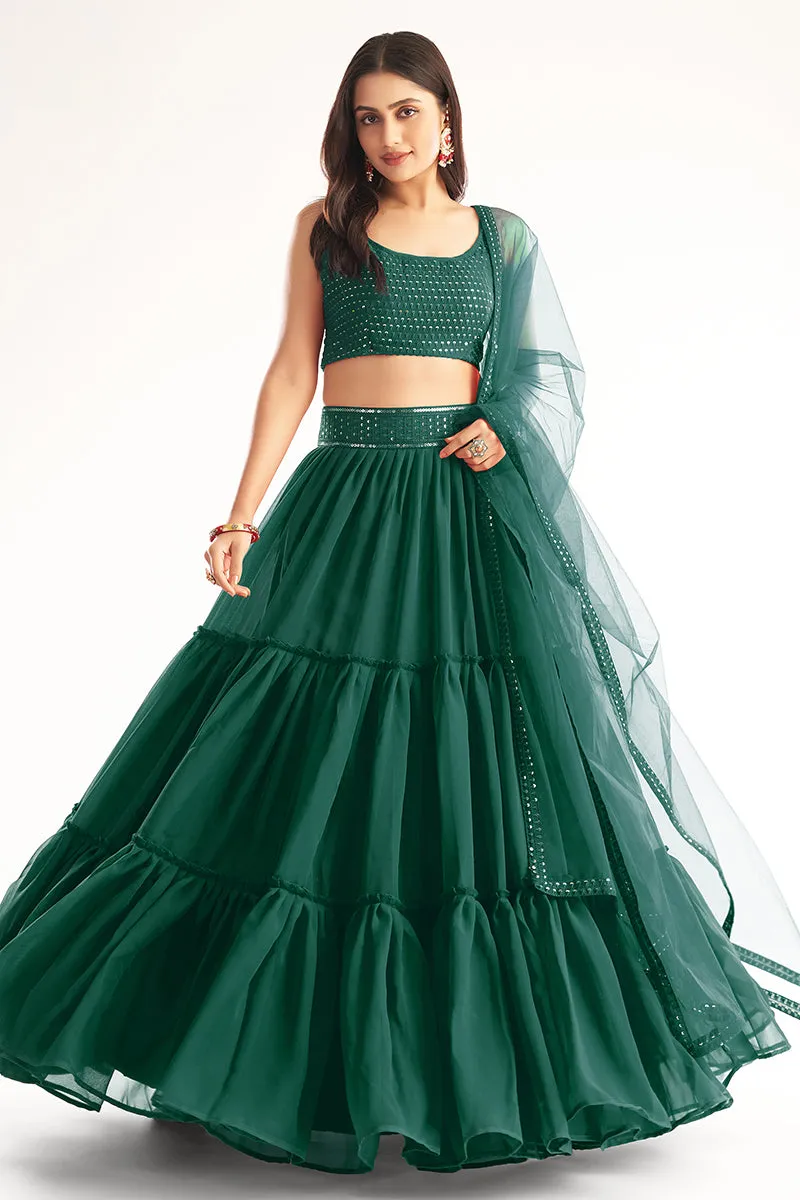 Enchanting Green Ruffle Style Georgette Festive Lehenga Choli