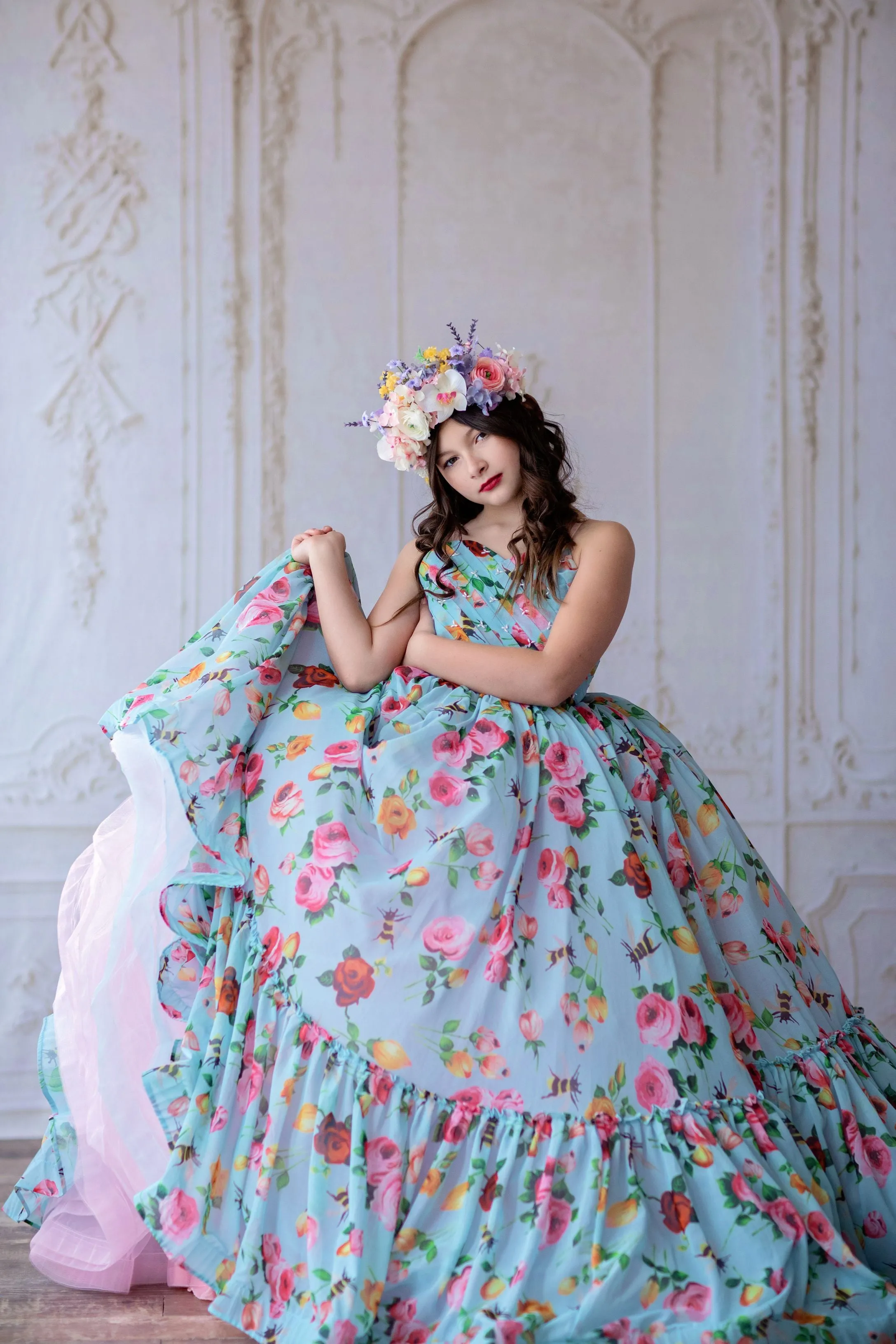 Euc "Margot" -  Floor Length Floral Chiffon Gown ( 6 Year - Petite 7 Year)