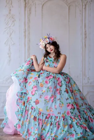 Euc "Margot" -  Floor Length Floral Chiffon Gown ( 6 Year - Petite 7 Year)