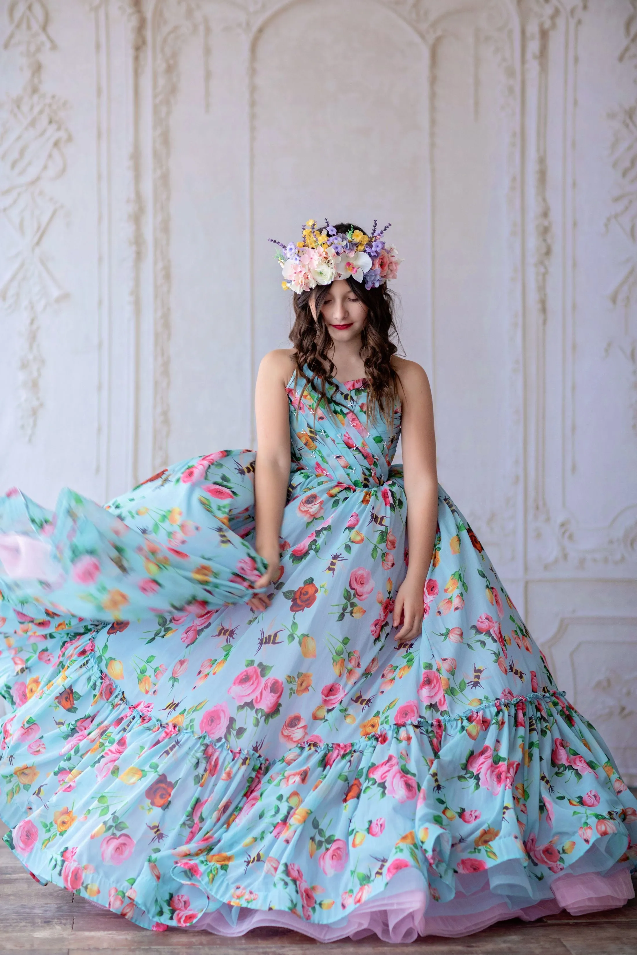 Euc "Margot" -  Floor Length Floral Chiffon Gown ( 6 Year - Petite 7 Year)