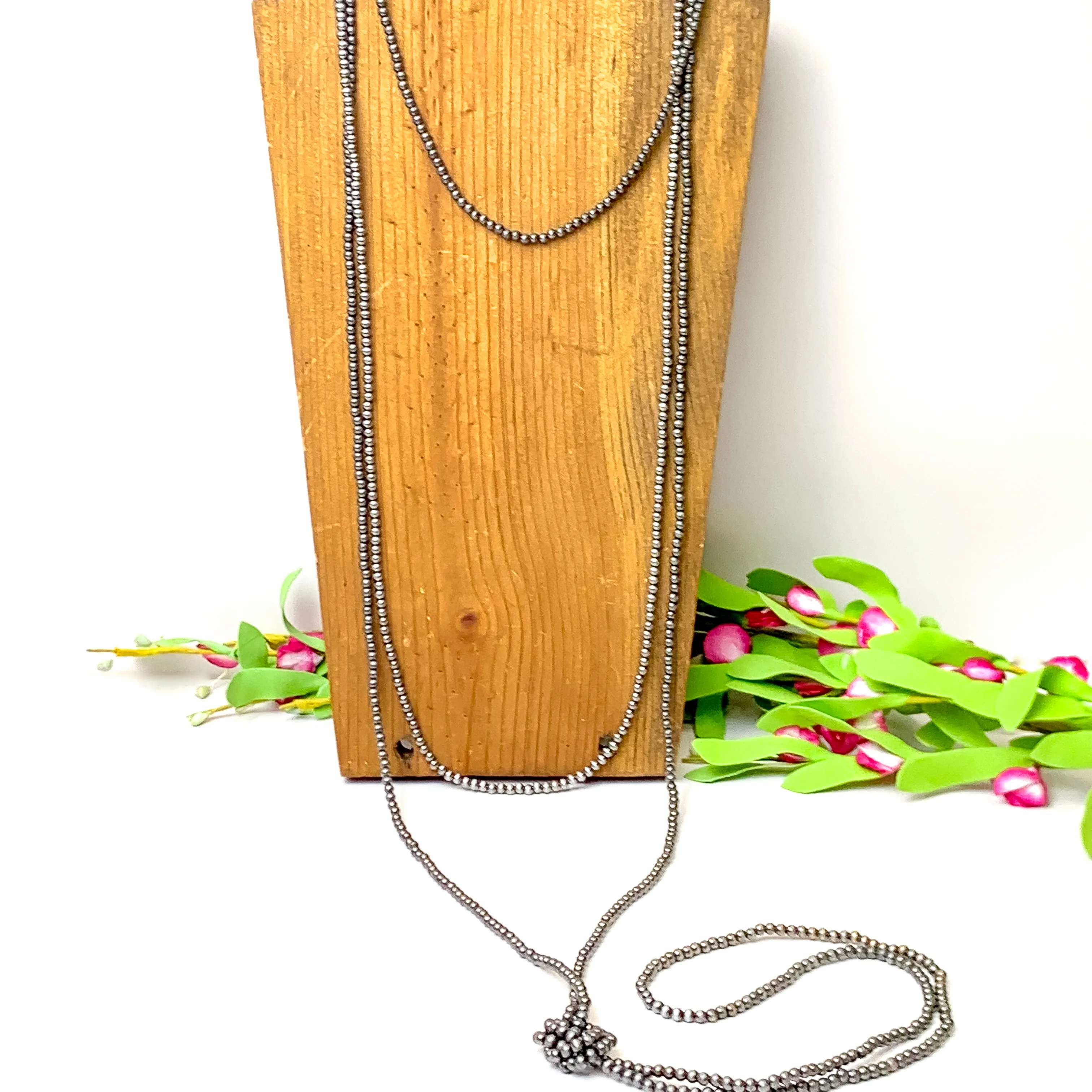 Extra Long Three Row Faux Navajo Pearl Layering Necklace in Silver Tone