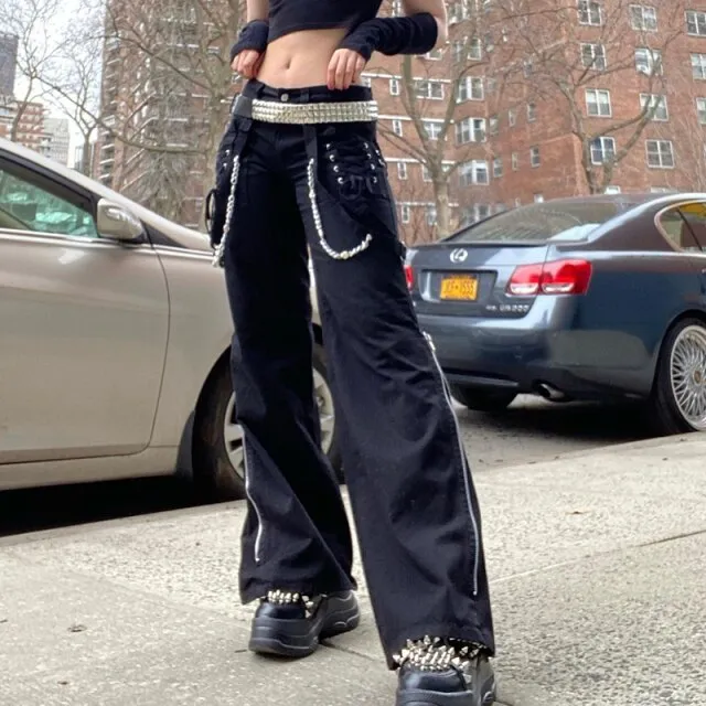 FashionSierra - Cargo Pants Women Dark Academic Techwear Cross Tie Up Low Waist Punk Style Wide Leg Pants
