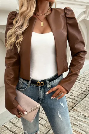 Faux Leather Gigot Sleeve Open Front Jacket