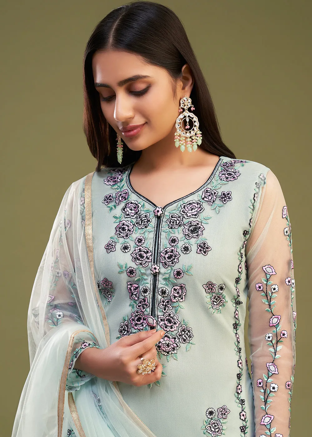 Firozi Multi Thread Embroidered Net Salwar Suit
