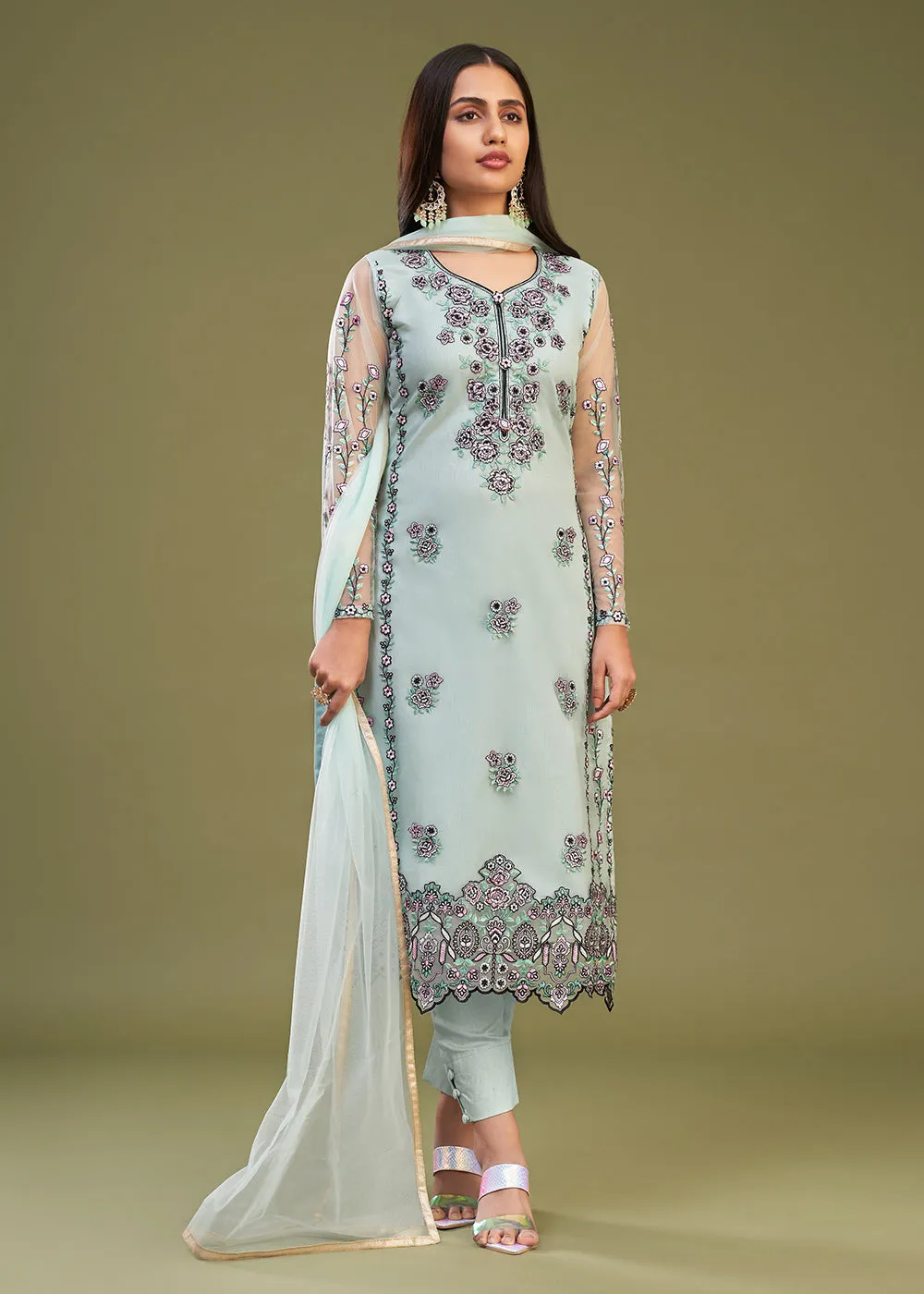 Firozi Multi Thread Embroidered Net Salwar Suit