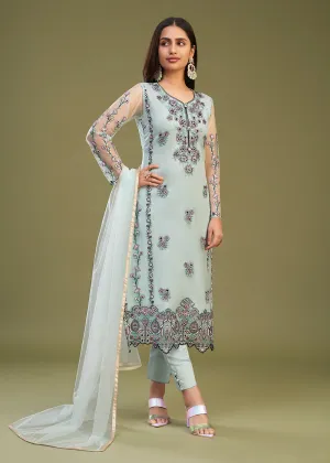 Firozi Multi Thread Embroidered Net Salwar Suit