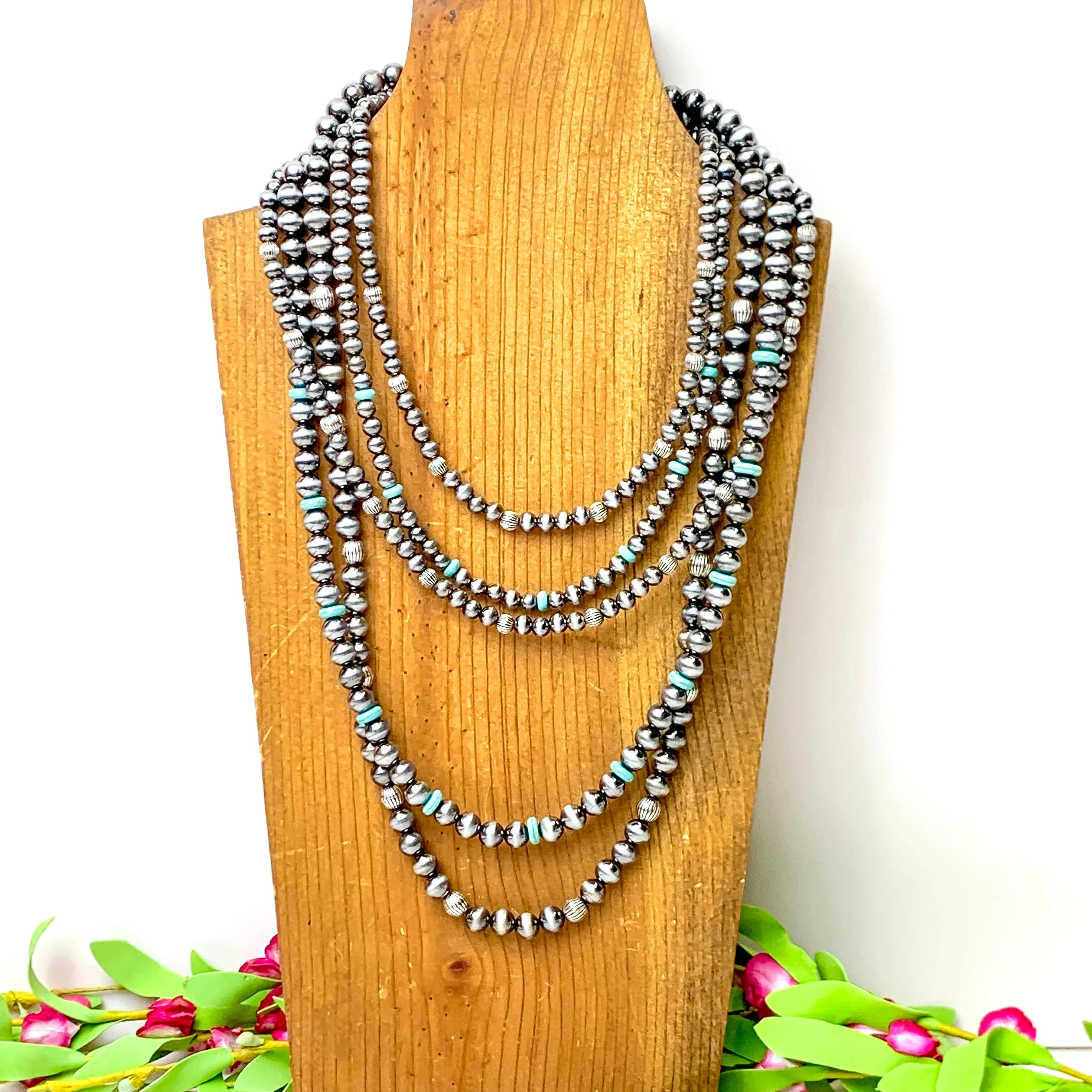 Five Row Faux Navajo Pearl Layered Necklace with Faux Turquoise Disk Bead Spacers in Silver Tone