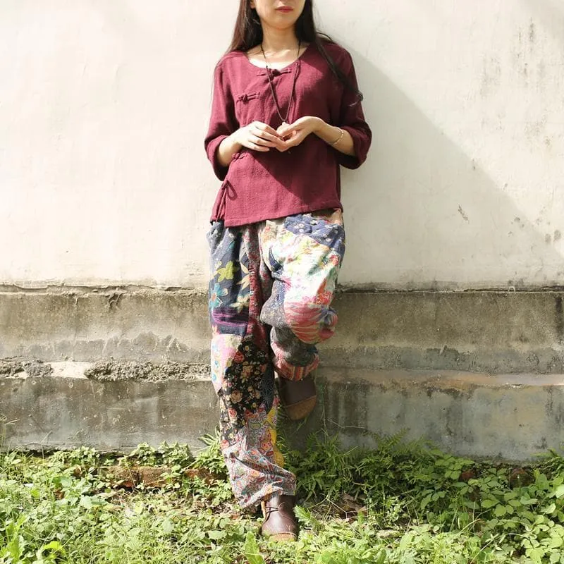 Floral Patchwork Linen Hippie Pants