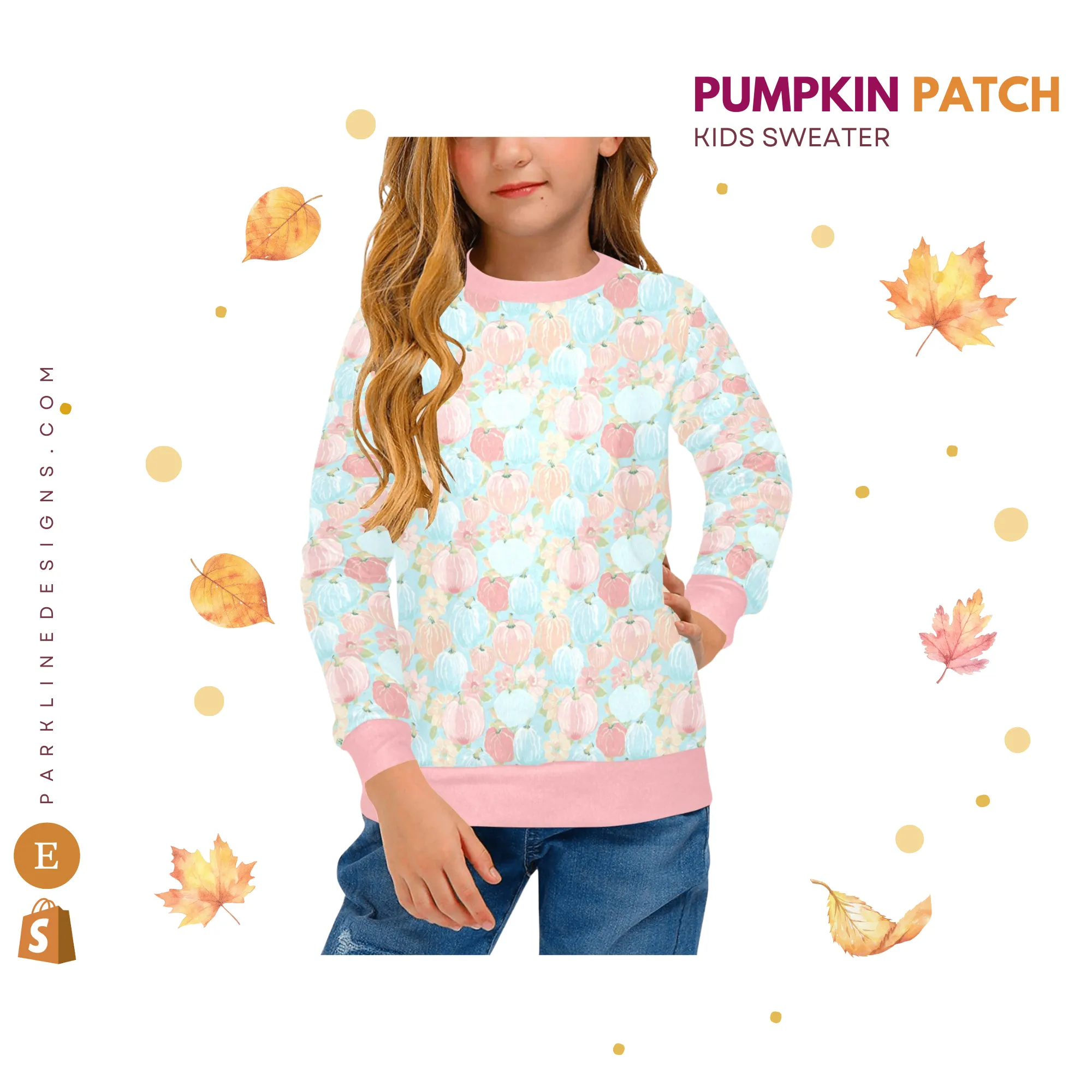 Floral Pumpkin Crew Neck Sweatshirt | Soft Pink and Blue All Over Print | Cozy Fall & Winter Wardrobe Essential