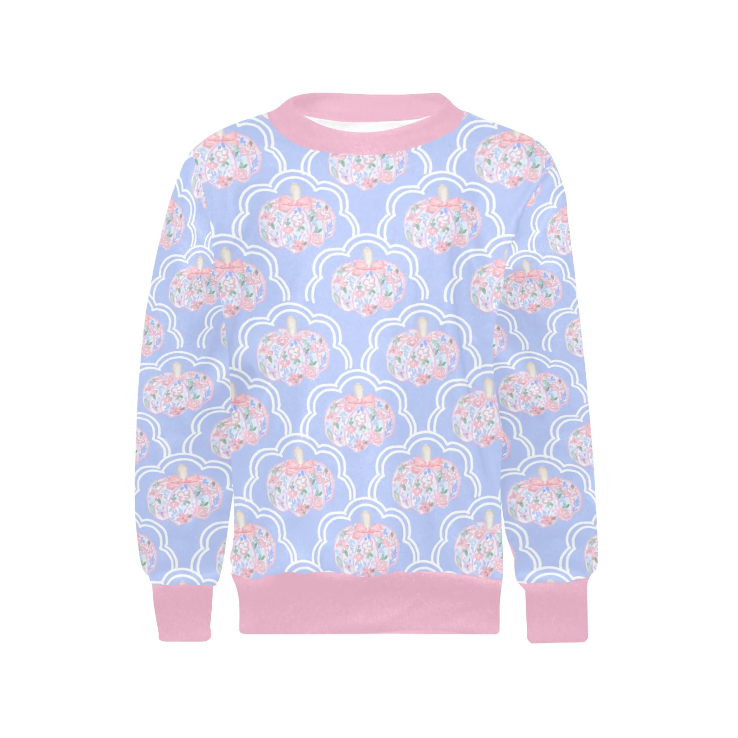 Floral Pumpkin Crew Neck Sweatshirt | Soft Pink and Blue All Over Print | Cozy Fall & Winter Wardrobe Essential