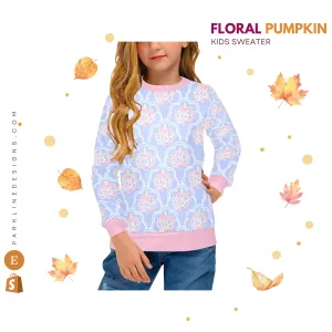 Floral Pumpkin Crew Neck Sweatshirt | Soft Pink and Blue All Over Print | Cozy Fall & Winter Wardrobe Essential