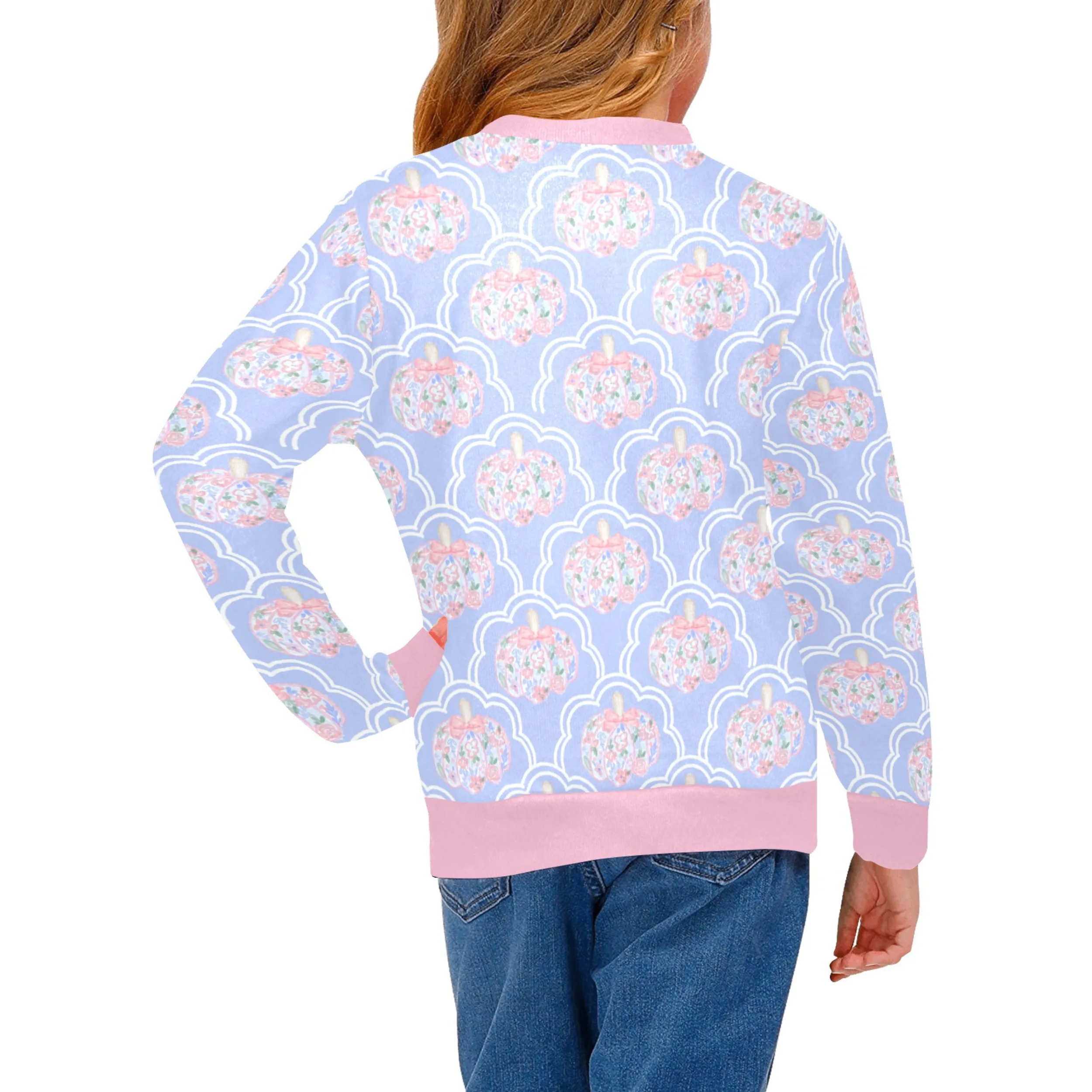 Floral Pumpkin Crew Neck Sweatshirt | Soft Pink and Blue All Over Print | Cozy Fall & Winter Wardrobe Essential