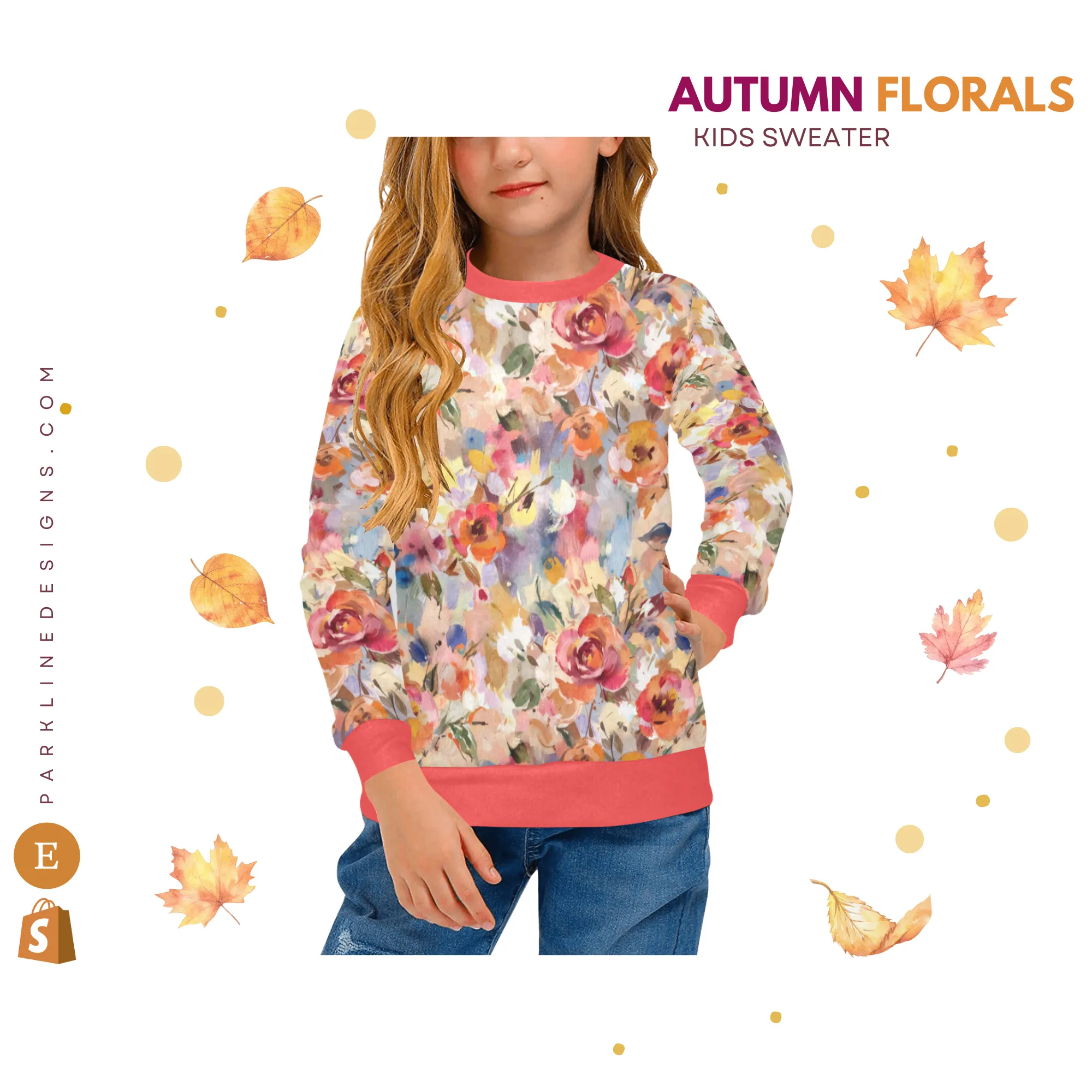 Floral Pumpkin Crew Neck Sweatshirt | Soft Pink and Blue All Over Print | Cozy Fall & Winter Wardrobe Essential