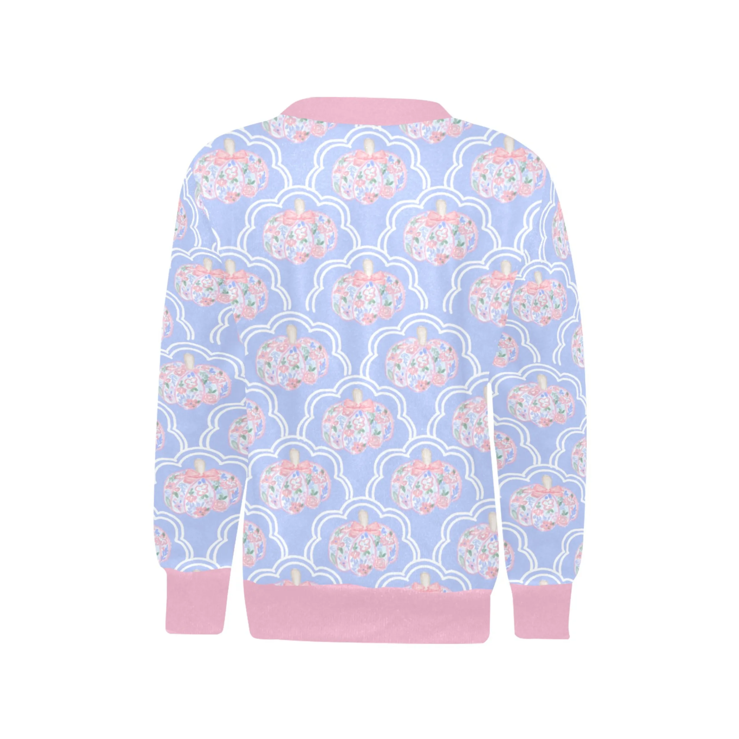 Floral Pumpkin Crew Neck Sweatshirt | Soft Pink and Blue All Over Print | Cozy Fall & Winter Wardrobe Essential