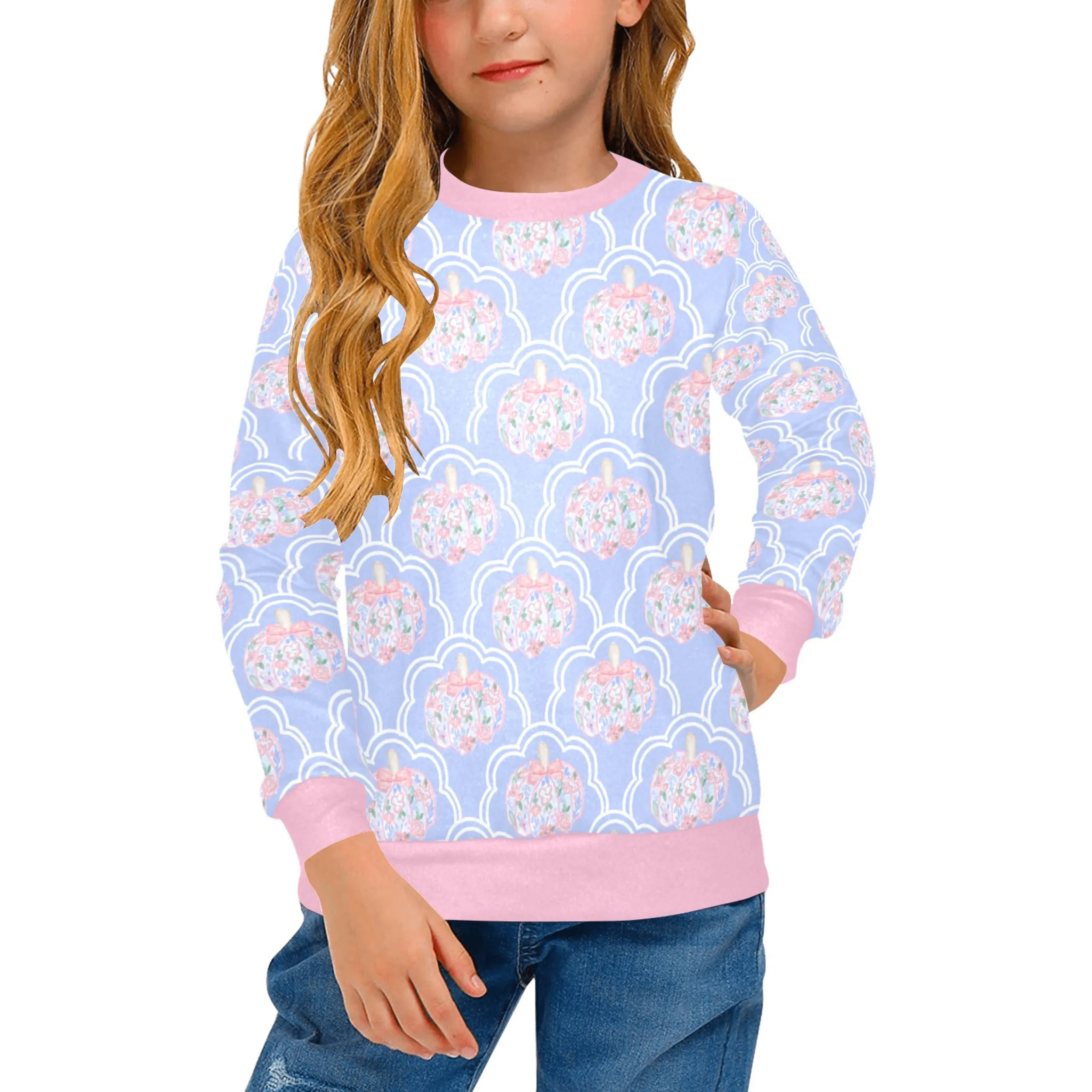 Floral Pumpkin Crew Neck Sweatshirt | Soft Pink and Blue All Over Print | Cozy Fall & Winter Wardrobe Essential