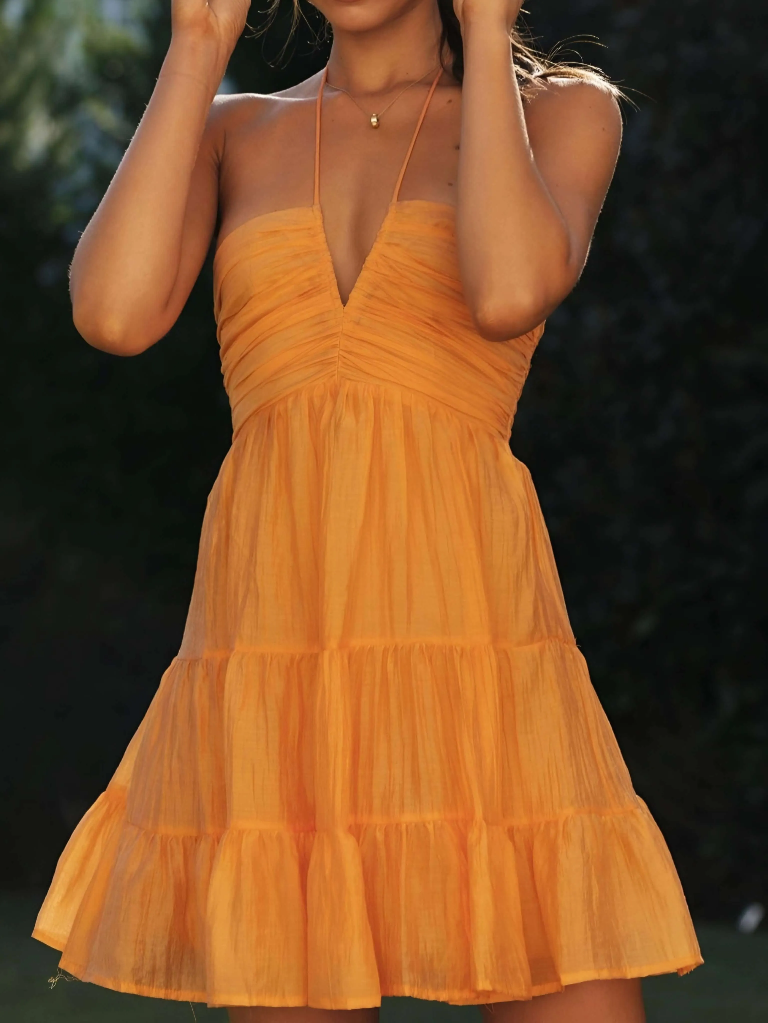 Flytonn- Halter Neck Flowy Layered Mini Dress