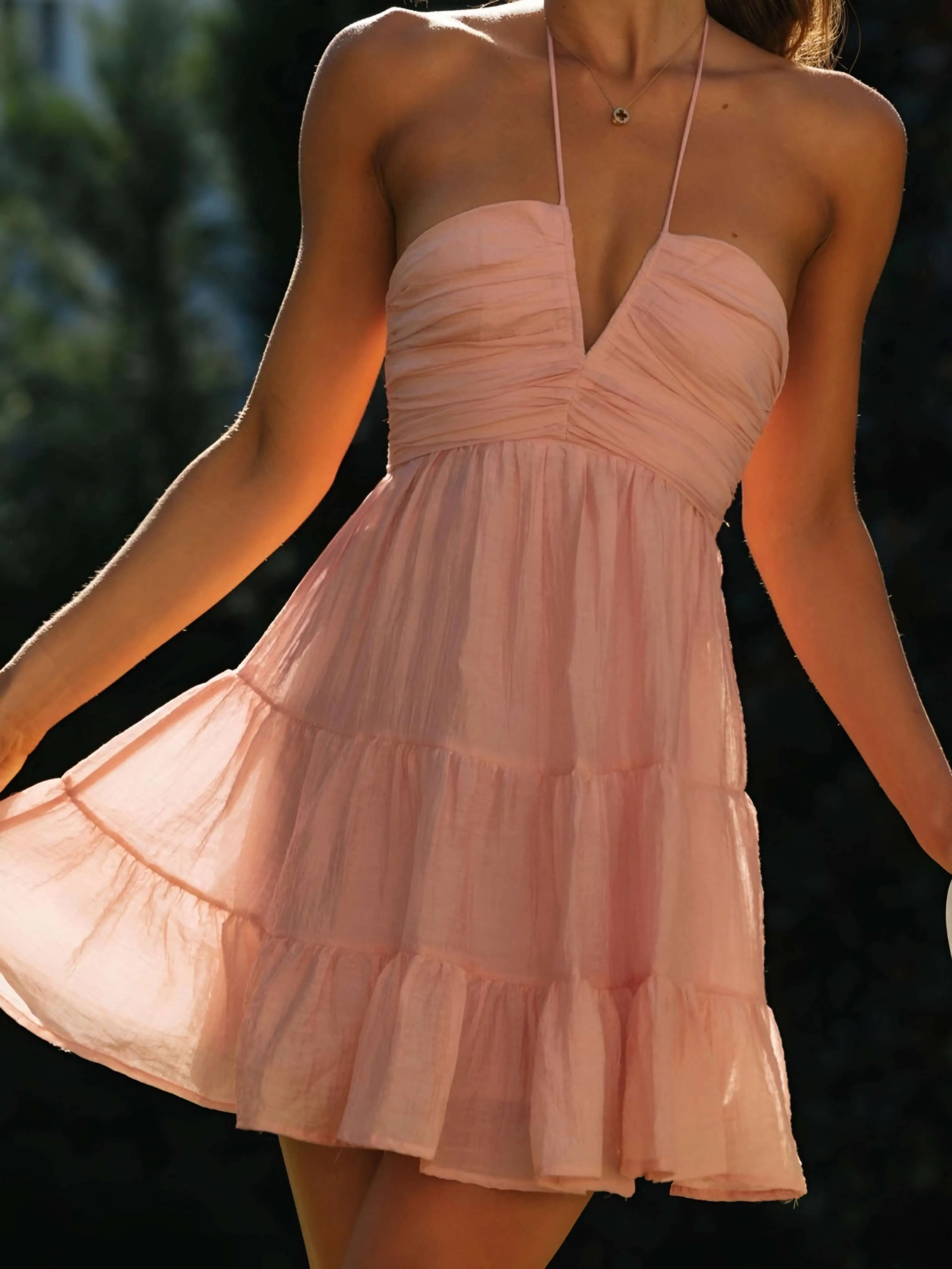 Flytonn- Halter Neck Flowy Layered Mini Dress