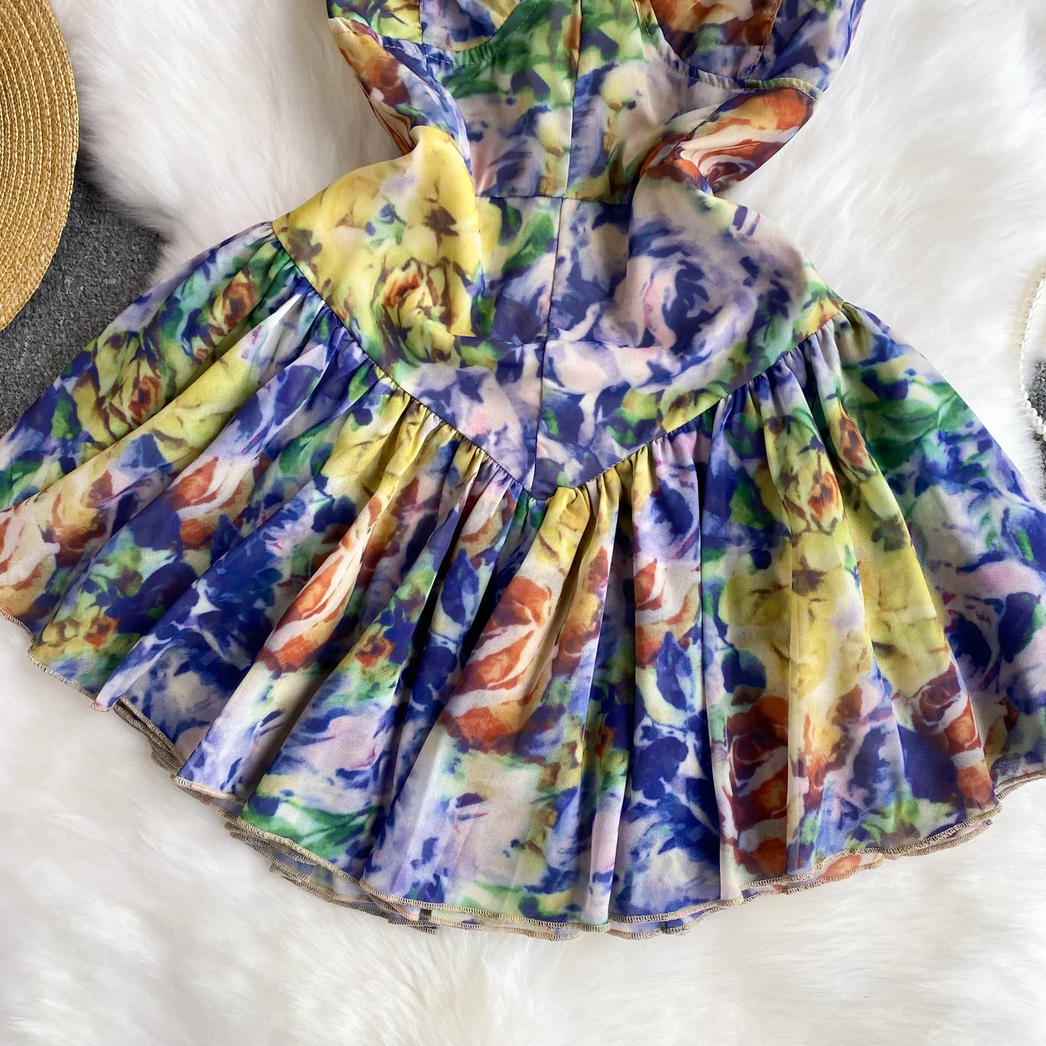 French Style Colorful Printed Slip Dress