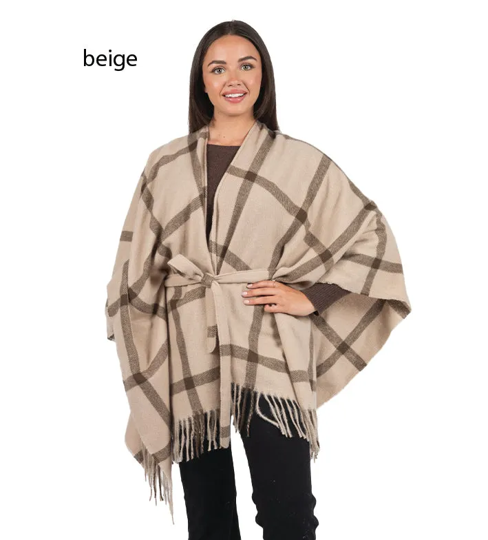 FSOR1631 - Simple Plaid Ruana With Belt