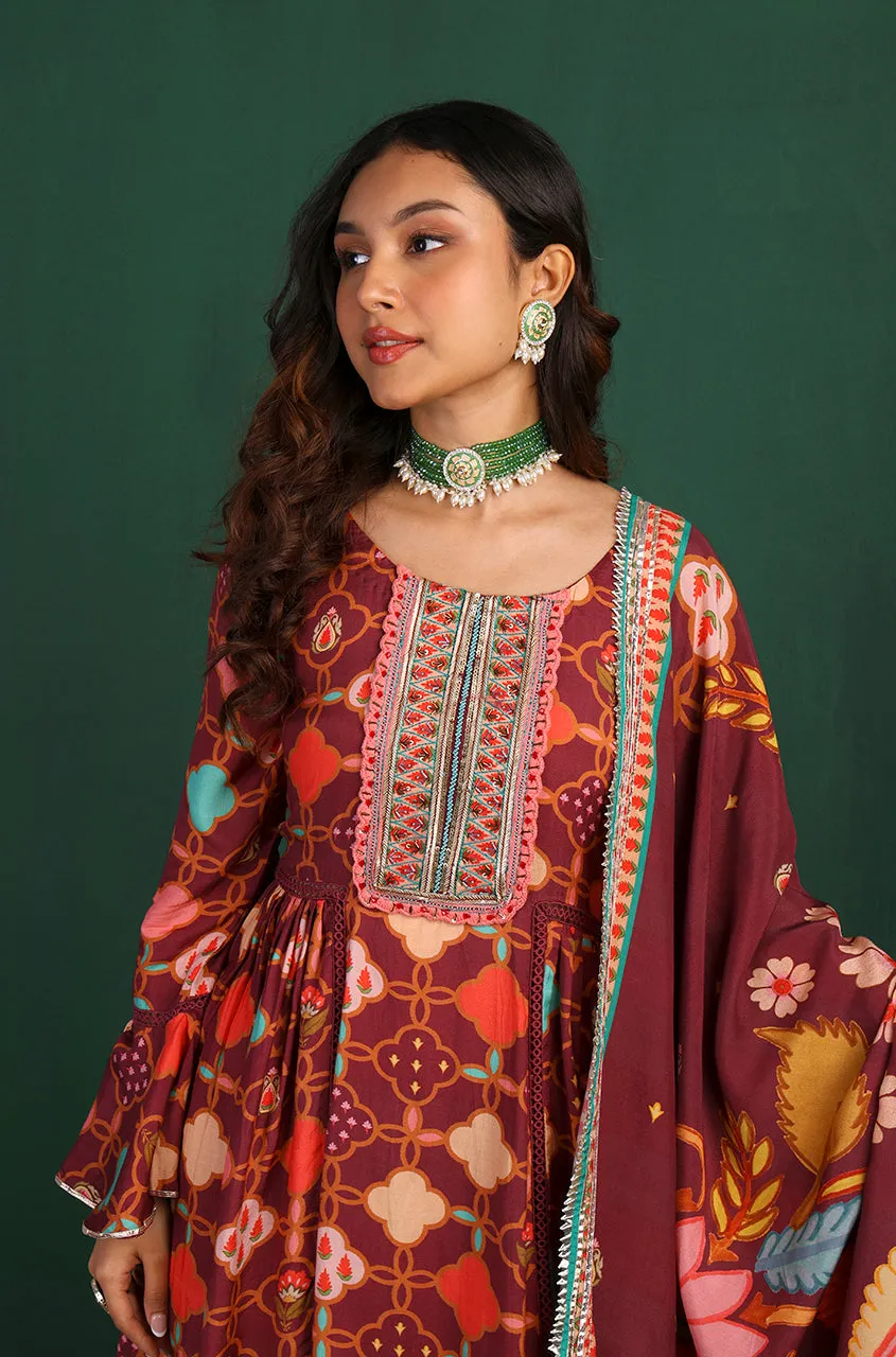 GEET-Royal Maroon Three Piece Suit Set With Printed Dupatta