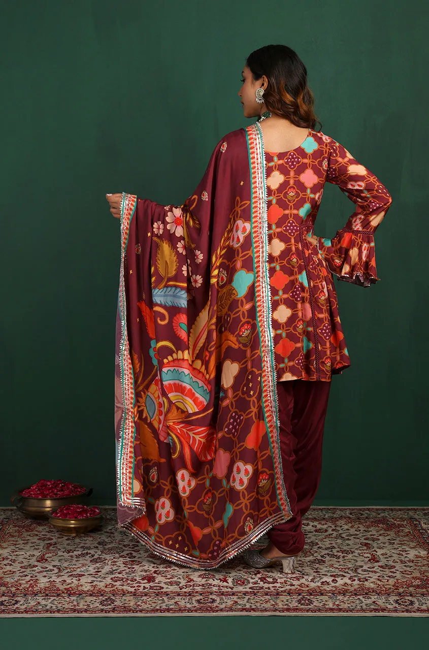 GEET-Royal Maroon Three Piece Suit Set With Printed Dupatta
