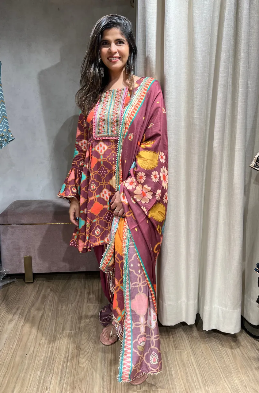 GEET-Royal Maroon Three Piece Suit Set With Printed Dupatta