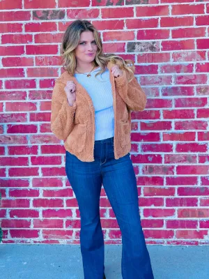 Ginger Tan Winter Fresh Long Dolman Sleeve Hoodie Sherpa Jacket