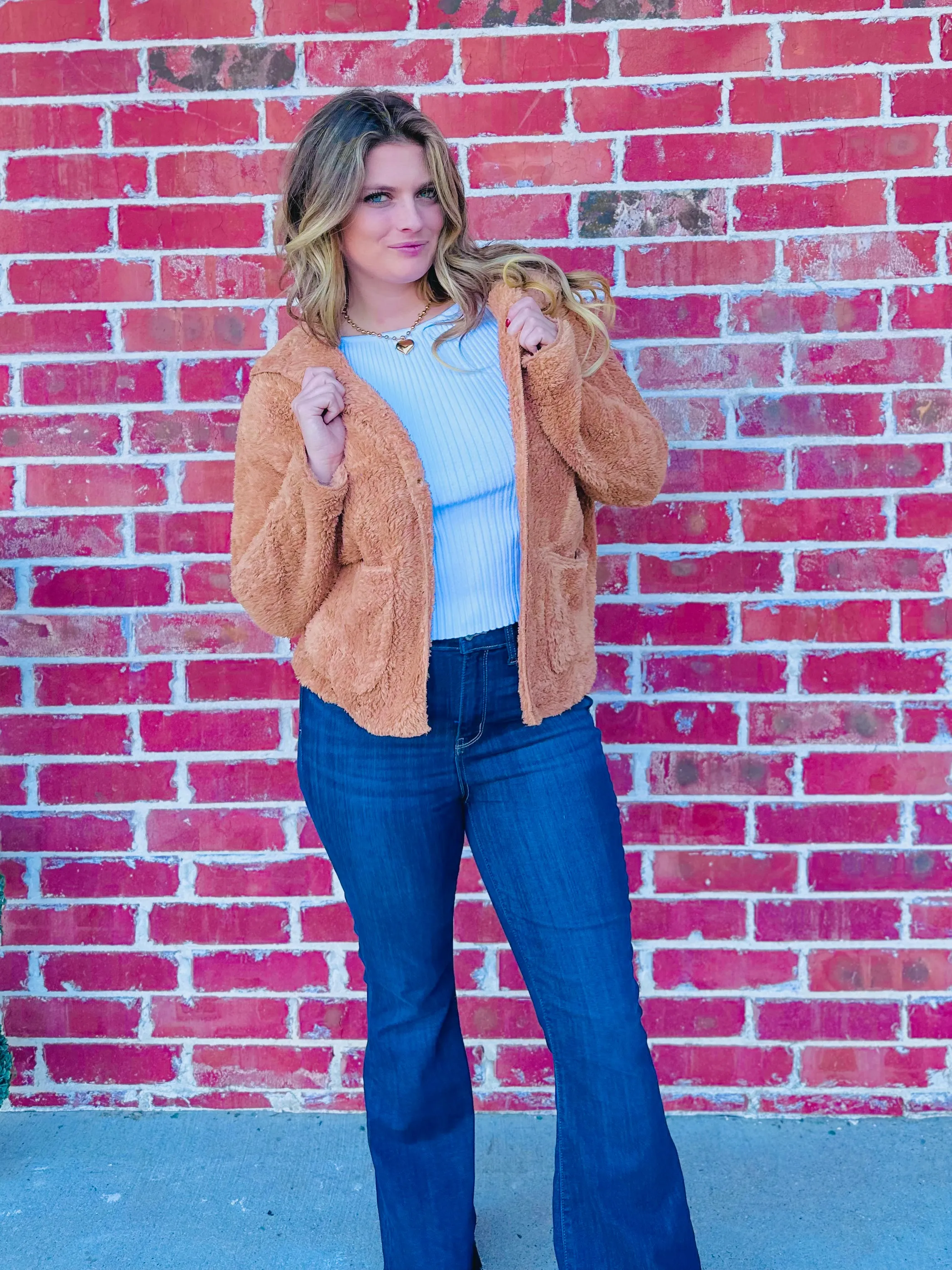 Ginger Tan Winter Fresh Long Dolman Sleeve Hoodie Sherpa Jacket