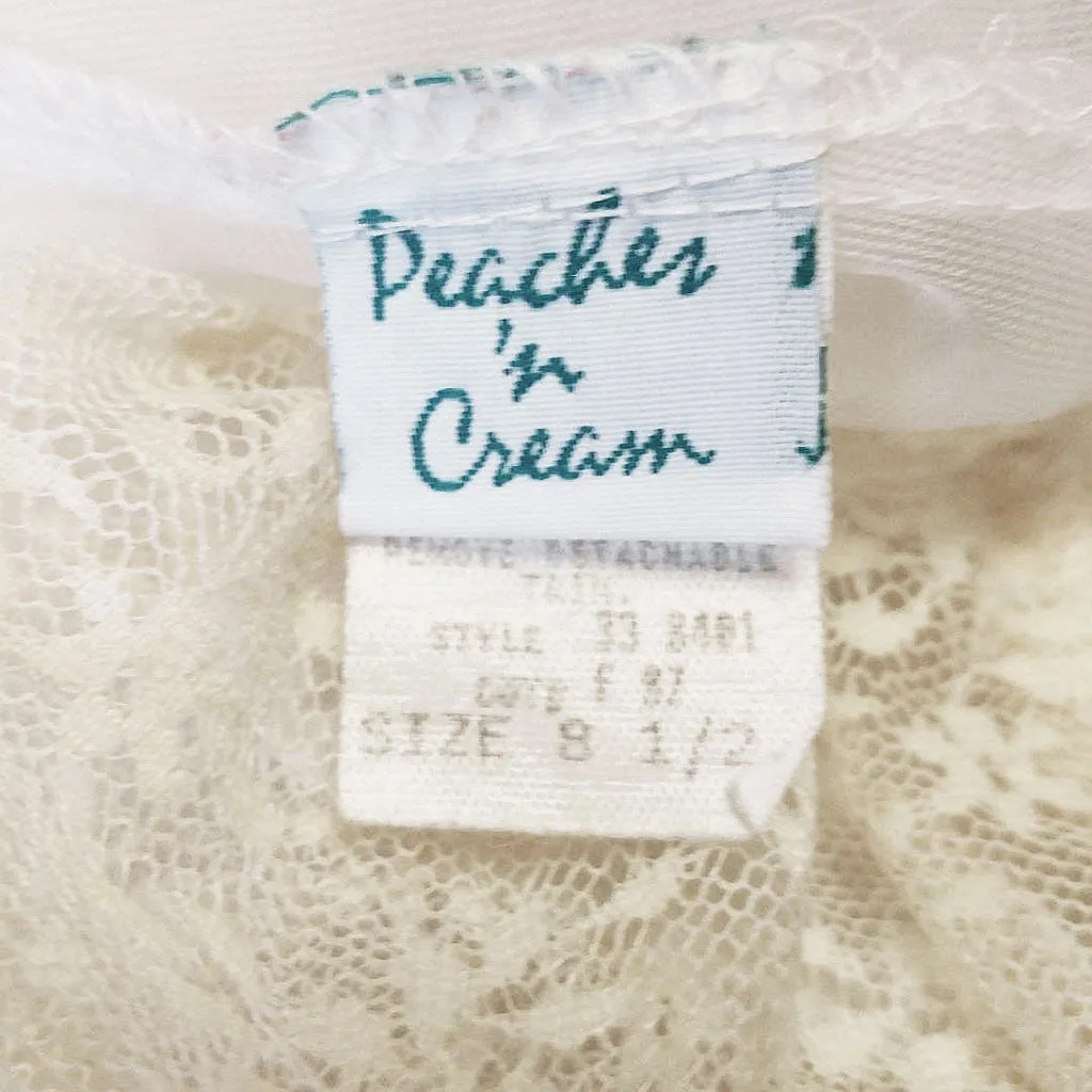 *GLAMOROUS VINTAGE PEACHES 'N CREAM WHITE SHEER HALF SLIP WITH HUGE SCALLOPED ECRU LACE FLOUNCE - MADE IN THE U.S.A.