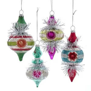 Glass Colorful Reflector Retro Finial With Tinsel Ornaments, 3 Assorted