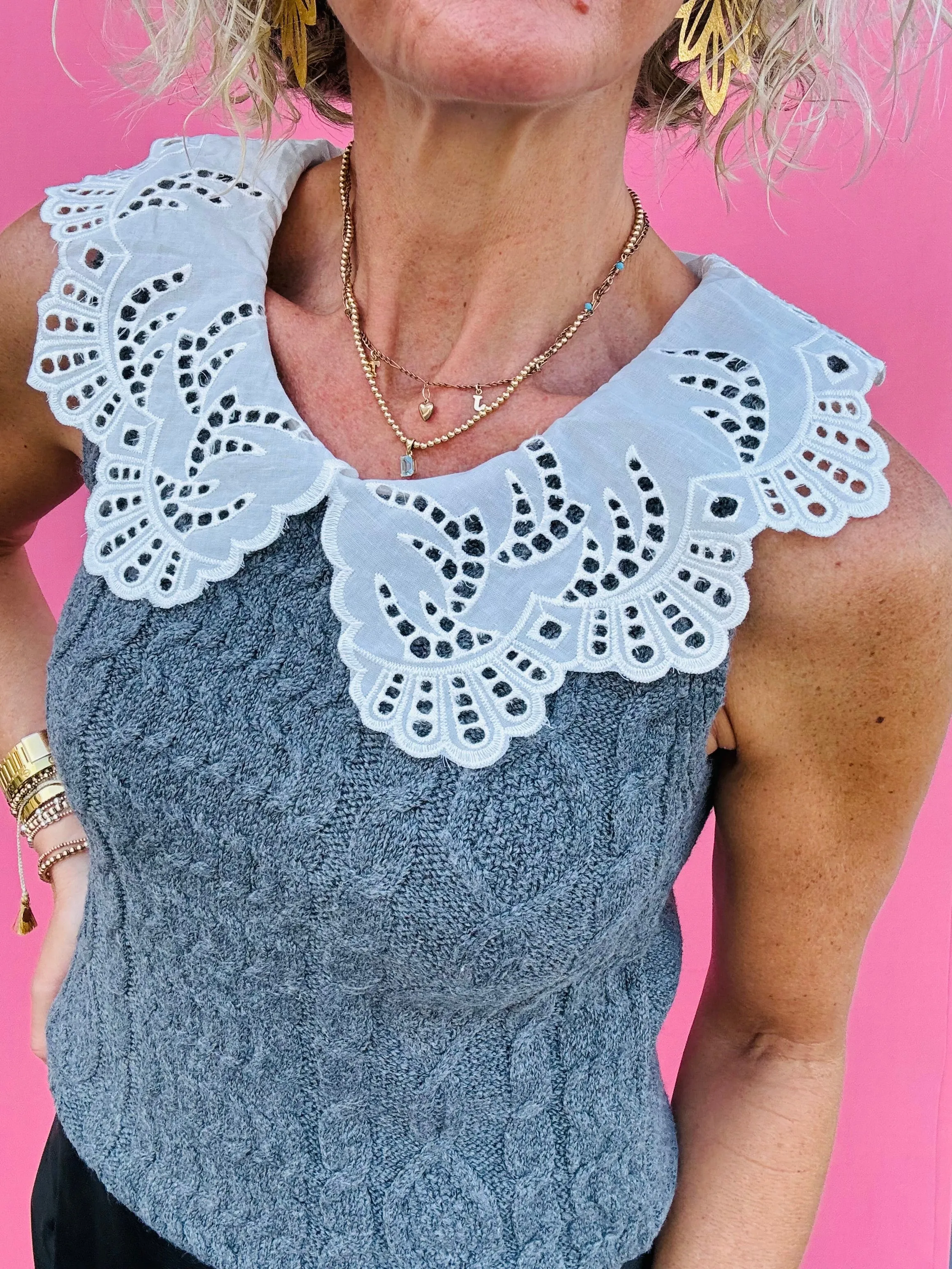 Grey w/ Collar Sleeveless Sweater