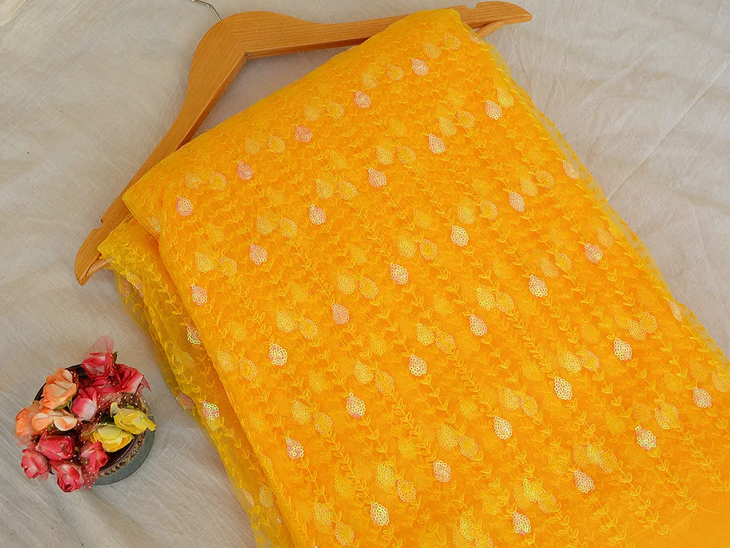 Haldi Yellow Traditional Thread & Sequins Floral Embroidered Net Fabric