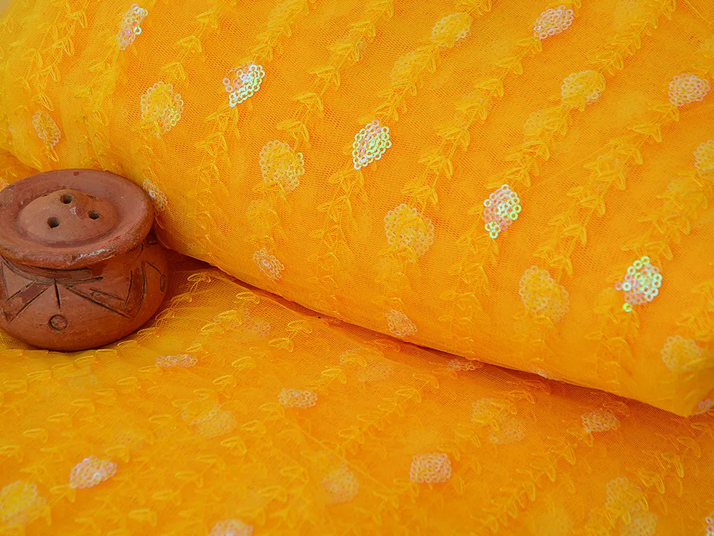 Haldi Yellow Traditional Thread & Sequins Floral Embroidered Net Fabric